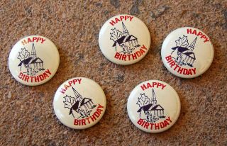 Five Vintage 3/4 " Pin - Back Buttons Happy Birthday With Church