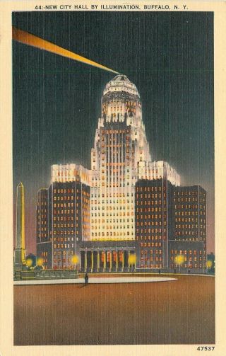 Buffalo York Night View Of City Hall 1940s Postcard