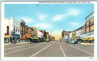 Fort Smith,  Arkansas Ar Garrison Avenue Street Scene Ca 1940s Linen Postcard