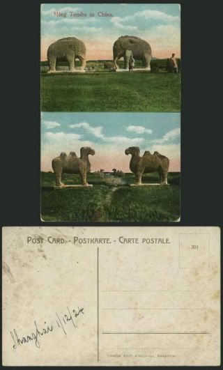 China 1924 Old Colour Postcard Ming Tombs Elephant & Camel Statues