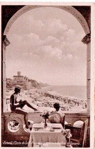 Estoril Portugal 2 Chicks In Vintage Swim Wear Looking At Beach Postcard 1950s