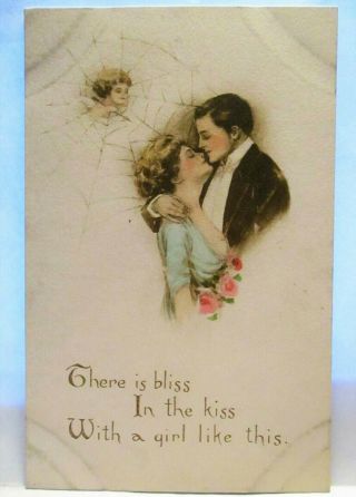 1910 Postcard There Is Bliss In The Kiss,  Cupid In Spider 