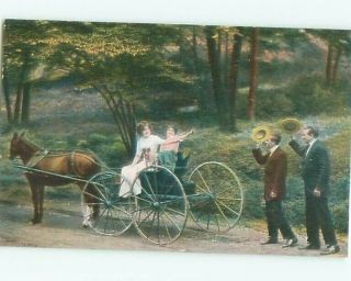Pre - Linen Dog Riding With Women In Horse And Carriage Ac4387