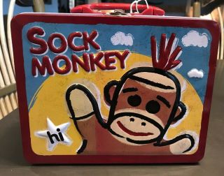 Sock Monkey Keepsake Tin Lunchbox School Work Food Storage Handle Lock Hard Case