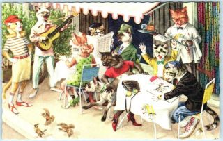 Mainzer Cats Anthropomorphic Cats At Sidewalk Cafe Guitar Player 4976 Postcard