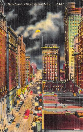 Dallas Texas 1948 Linen Postcard Main Street At Night