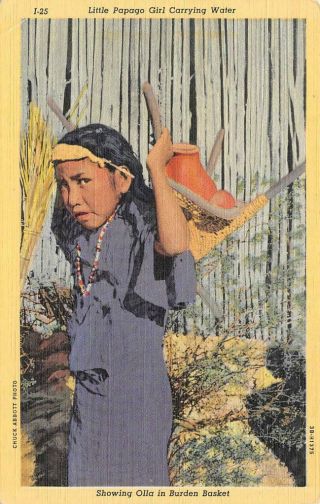 Papago Girl Carrying Water Olla Native American Indian C1940s Vintage Postcard