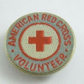American Red Cross Volunteer Embroidered Button Vintage Pin Plastic 1 Inch Gray