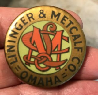 Lininger & Metcalf Co Pinback Omaha Hit Miss Gas Engine Farm Pin - Vintage