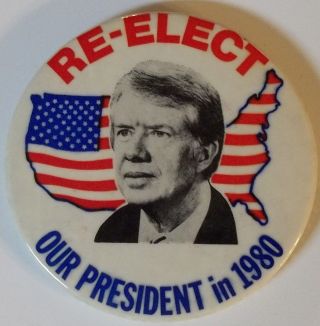 1980 Re - Elect Jimmy Carter For President Pinback/button 3 1/2 In White