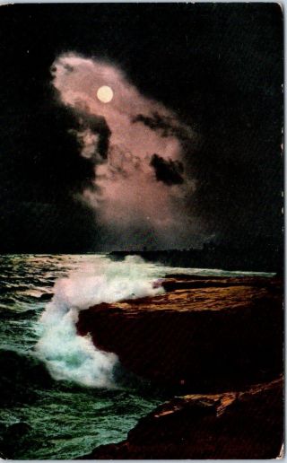 California Coast,  Ca Pacific Ocean By Moonlight C1910s Mitchell Postcard