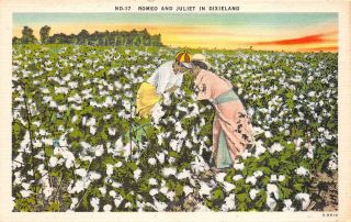 Black Americana 1930s Linen Postcard Romeo & Juliet In Dixieland Cotton Field