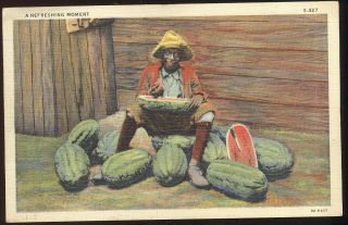 1940 Comical Picture Pc,  Black Man Surrounded By Watermelons,  Refreshing Moment