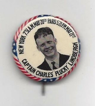 Charles " Plucky " Lindbergh Transatlantic Flight Souvenir Pin Button Pilot
