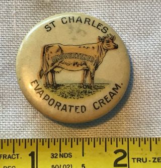 Antique Celluloid St.  Charles Evaporated Cream Pin Back Button Cow Advertising
