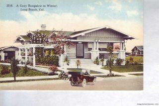 Long Beach Ca 1907 - 14 Residential View Of A Cozy Bungalow In Winter,  Old Car