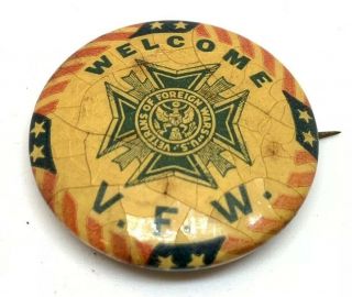 Antique 1920’s Welcome V.  F.  W.  Celluloid Pin Back Button Red White Blue