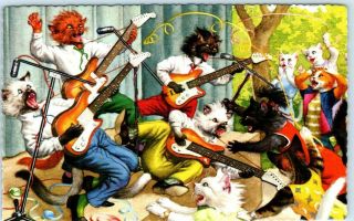 Mainzer Cats Anthropomorphic Rock And Roll Band Guitars 4745 Postcard