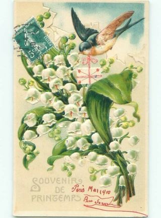 Foreign 1910 Postcard Bird With Lily Of The Valley Flowers Ac2966