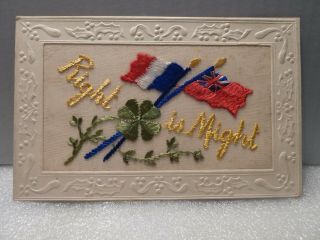 Wwi Silk Embroidery Post Card Right Is Might