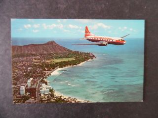 1950s Hawaiian Airlines Airplane In Flight Waikiki Hawaii Postcard
