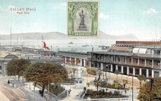 Plaza Grau Callao Peru Trolley Stamp Postcard (c.  1910)
