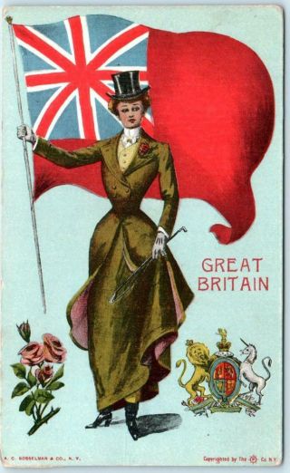 Patriotic Great Britain Woman Flag,  Crest,  Coat Of Arms Roses C1910s Uk Postcard