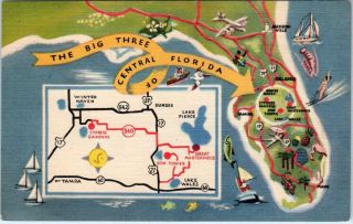 Central Florida,  Fl " The Big Three " Map Card C1940s Roadside Postcard