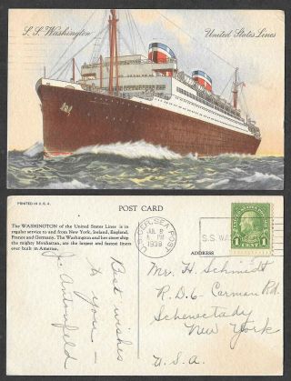 1938 Ship Postcard - United States Line - S.  S.  Washington - Seapost,  Paquebot