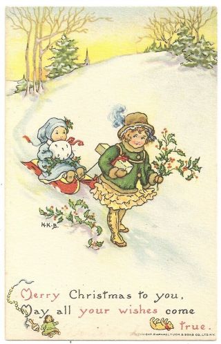 Girl Pulls Boy On Sled,  Carries Present,  Tuck Christmas Playtime 550 Postcard
