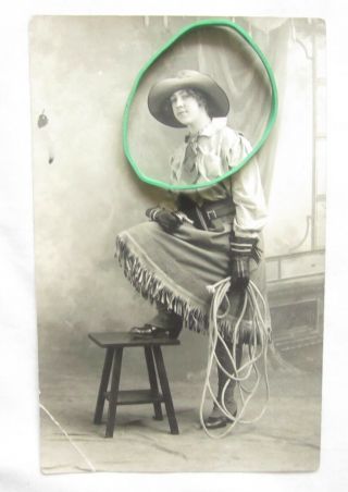 Vintage Cowgirl Lasso Gun Western Costume Postcard Rp Rppc Real Photo Studio Nr