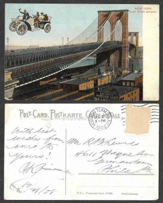 1908 Postcard - York City - East River Bridge - Fantasy Flying Car
