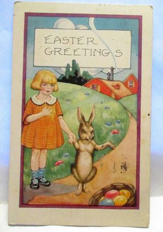 1925 Postcard Easter Greetings,  Little Girl With Bunny