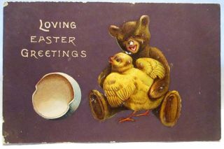 1910 Tuck Postcard Loving Easter Greetings,  Teddy Bear Holding Baby Chick