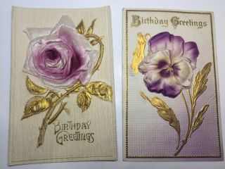 Vintage Birthday Postcards 2 Rare Silk Flowers Series 937 & 5000 Embossed Reduce
