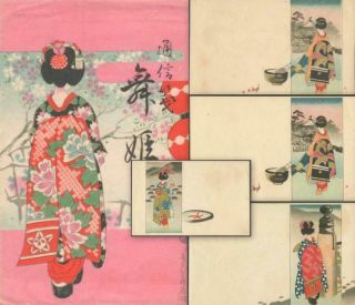 Japan - 4 X Paper Postcards & Envelope - Maidens,  Geishas In Kimonos