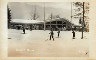 Mt.  Snow Ski Area,  Vt Rppc Skiers Beside The Base Lodge C1950