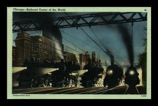 Us Linen Postcard Trains At Night Chicago Railroad Center Of The World