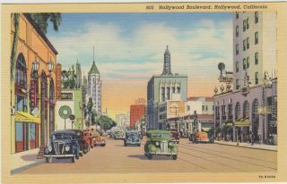 Old Cars,  Hollywood Boulevard,  Hollywood,  Ca,  Linen Postcard