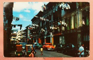 1954 MALAYA SINGAPORE STREET SCENE POSTCARD QANTAS AIRMAIL LABEL TO USA 2