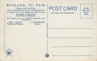 RUTLAND,  VT ADVERTISING POSTCARD for the 1930 RUTLAND FAIR 2