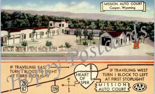 Mission Auto Court,  Casper,  Wyoming Gas Station Linen Postcard 1940s