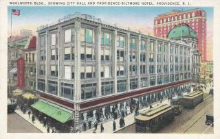 Providence,  Ri,  1935,  Woolworth Building With Trolleys,  City Hall & Hotel In Bkgrd