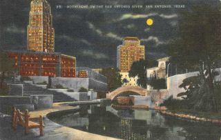 Tx,  Texas San Antonio River Walk - By Moonlight 1953 Linen Postcard