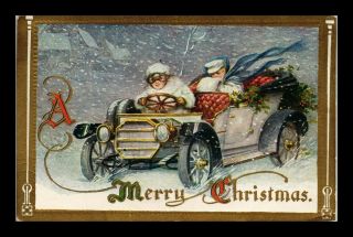 Us Postcard Christmas Greeting Driving Through A Blizzard Metallic Gold Embossed