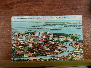 Aerial View,  River,  Biscayne Bay,  Downtown,  Miami,  Fl,  Linen Postcard 1946