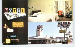 Phyl - Nor Motel,  Modesto,  Ca Neon Sign Multi - View Interior 1960s Postcard