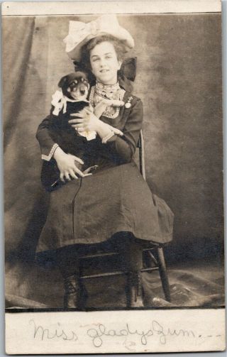 Rppc Studio Portrait Girl Big Bow Holding Dog With Bow Vintage Postcard S17
