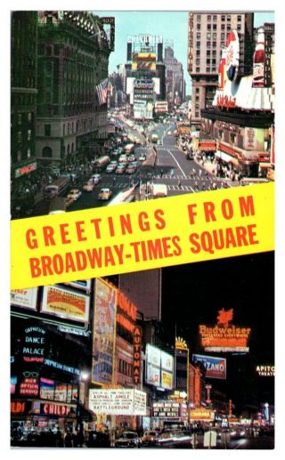 1950s/60s Greetings From Broadway - Times Square York City Postcard 5n (2) 1