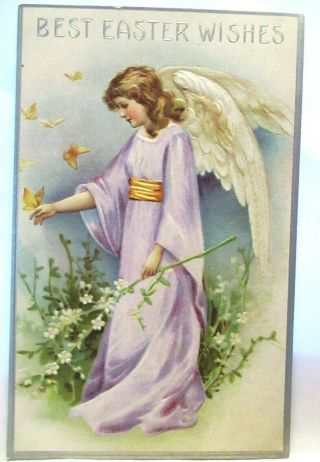 1910 Postcard Best Easter Wishes Angel In Lavender With Butterflies